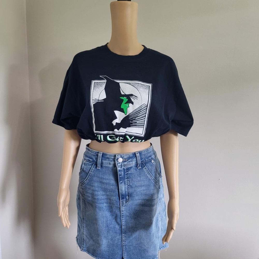 Upcycled‎ Cropped Wicked Graphic T-Shirt Size L OOAK Elastic Waist Elphaba